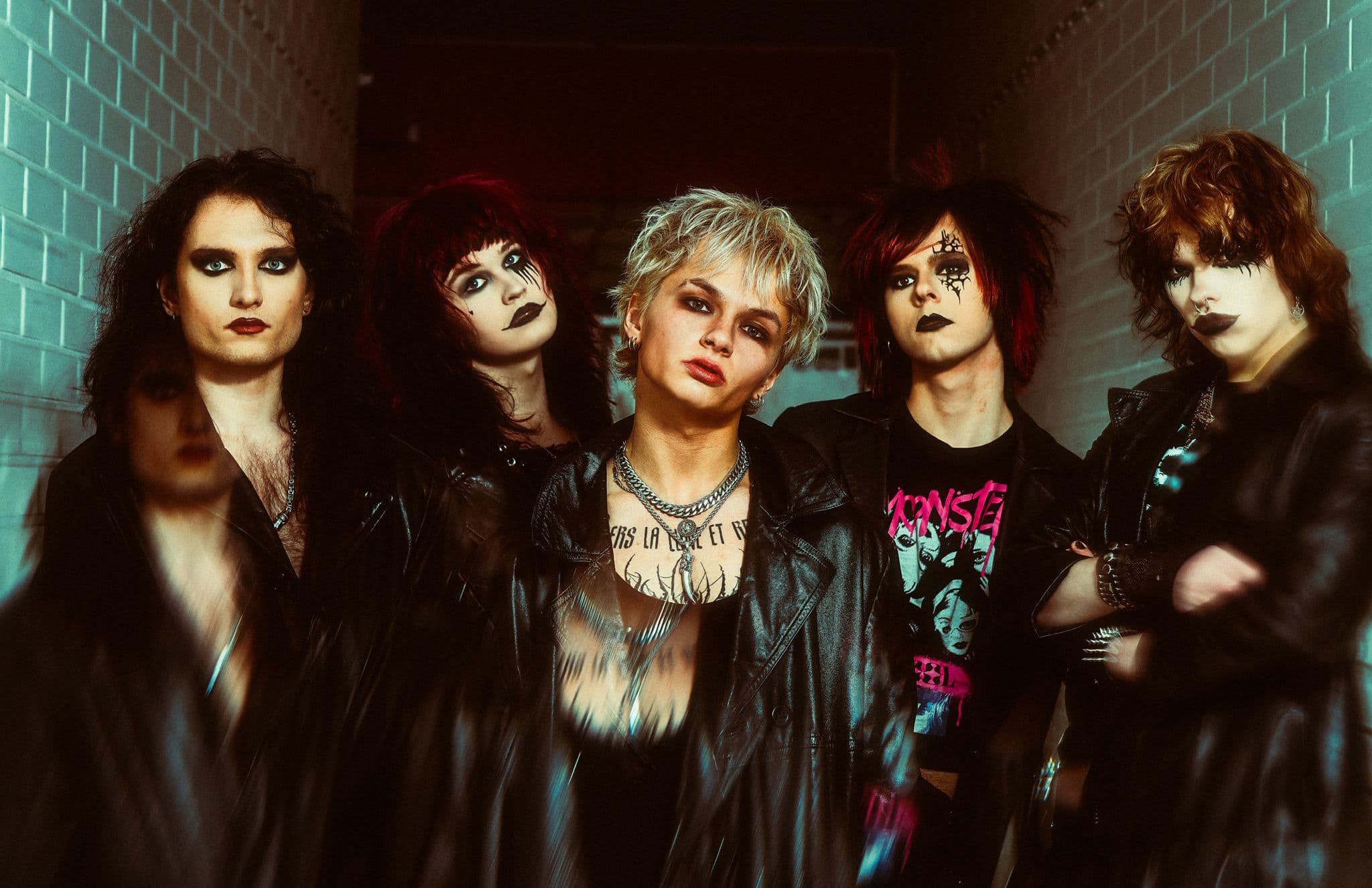Shere Khan promo photo — the five-piece in a tiled corridor